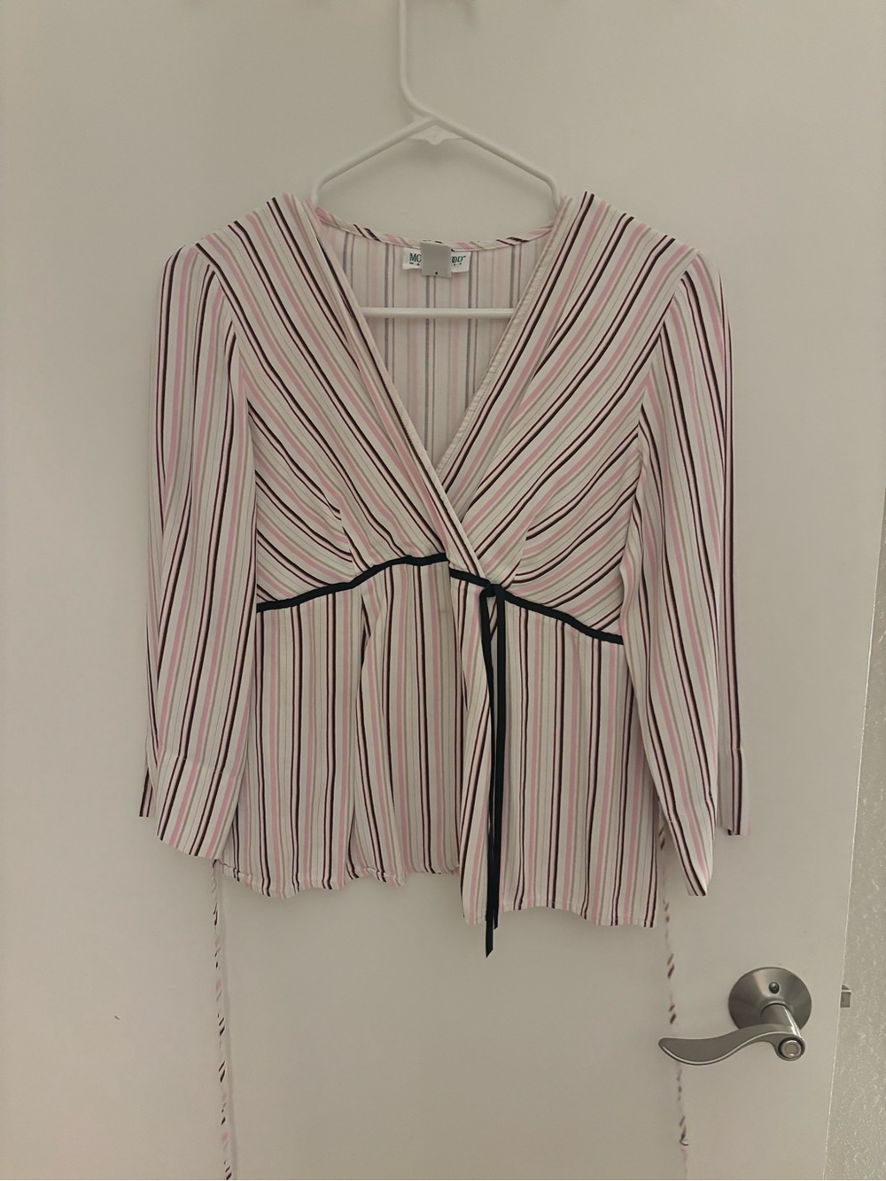 Motherhood Pink and White Striped Wrap-Front Blouse